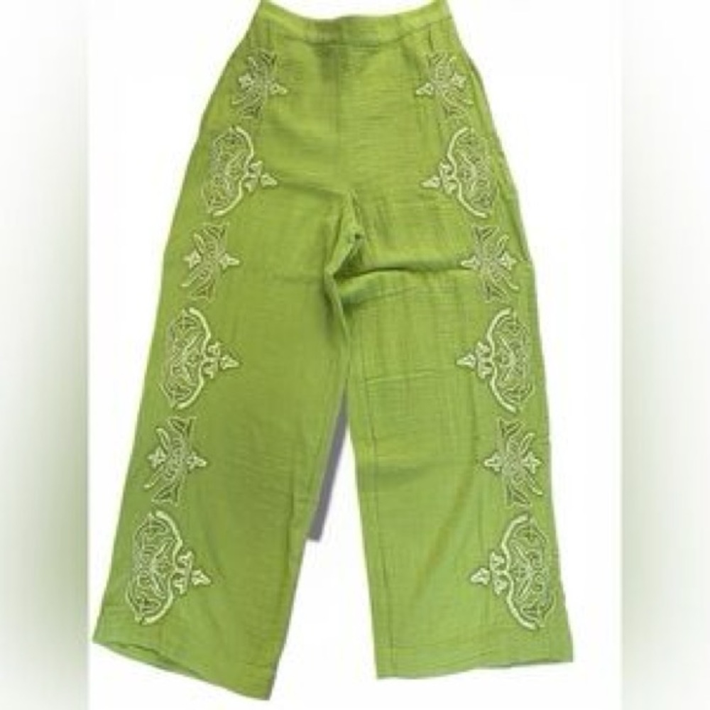 Sundance Green Morgana Embroidered Cotton Wide Leg Pants EUC XL